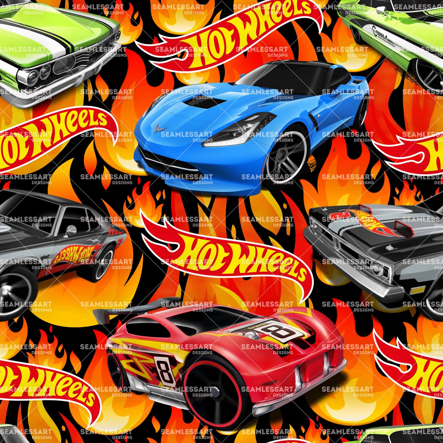 Flaming Race Cars Seamless Pattern – Retro Muscle & Sports Car Digital Paper for Fabric, Wallpaper, Wrap & Print Design