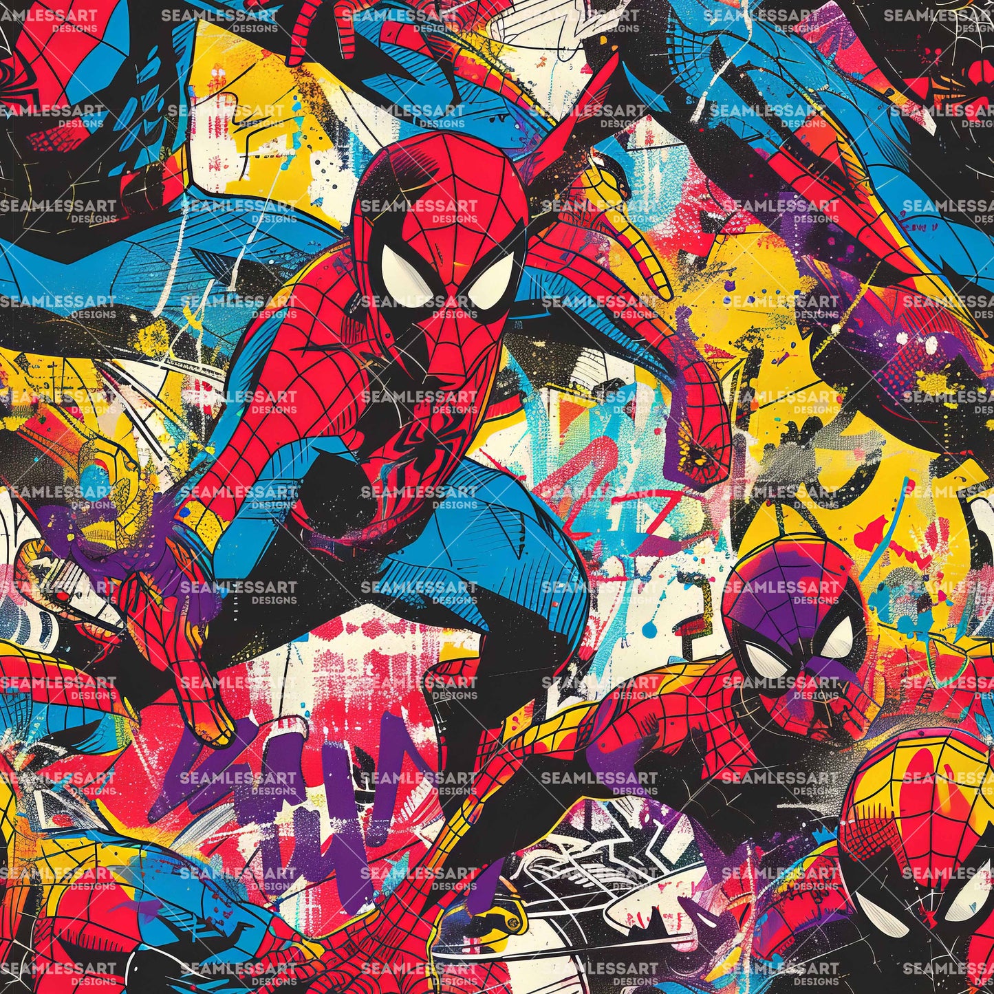 Spider-Man Graffiti Seamless Pattern – Comic Superhero Digital Paper for Kids Fabric & Decor