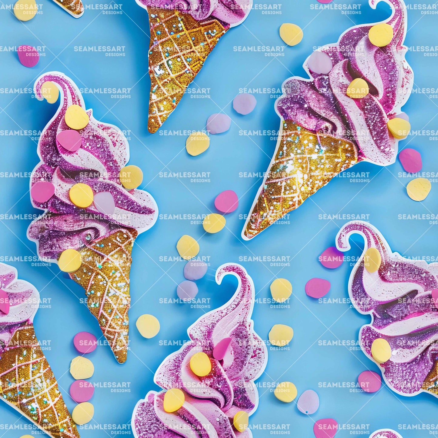 Sparkle Ice Cream Seamless Pattern – Pink & Blue Sweet Treat Digital Paper for Kids Fabric