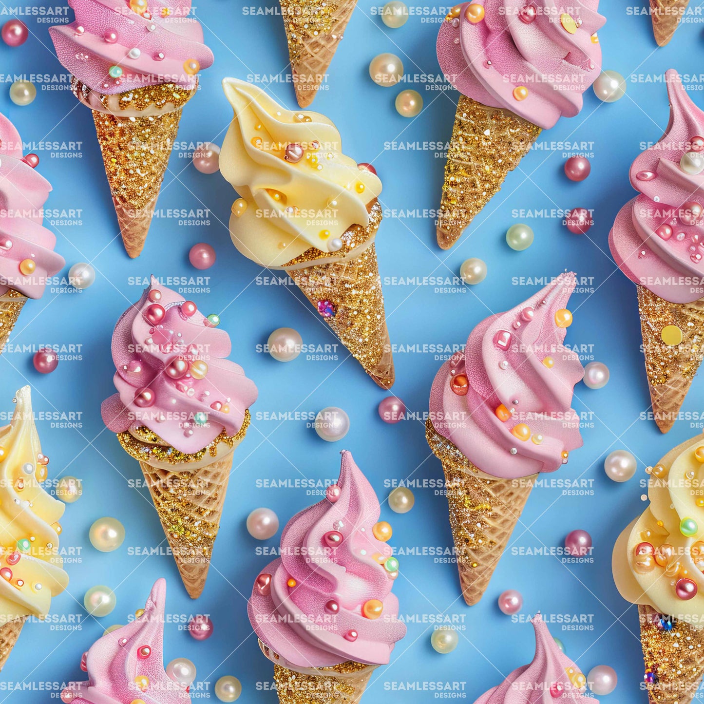 Sparkle Ice Cream Seamless Pattern – Pink & Yellow Treat with Pearls Digital Paper for Kids