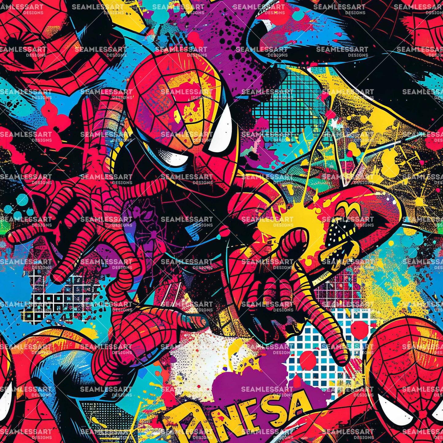 Spider-Man Graffiti Seamless Pattern – Neon Comic Superhero Digital Paper for Kids Fabric