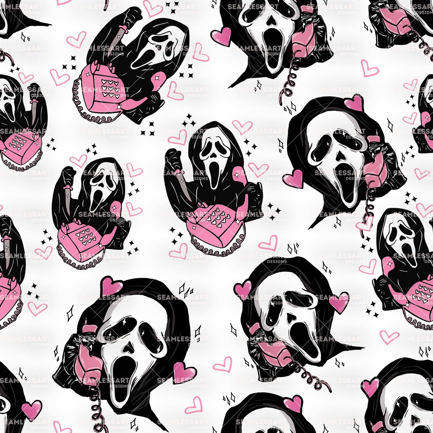 Pink Scream Retro Seamless Pattern – Stars & Hearts Digital Paper for Slasher Fans Fabric