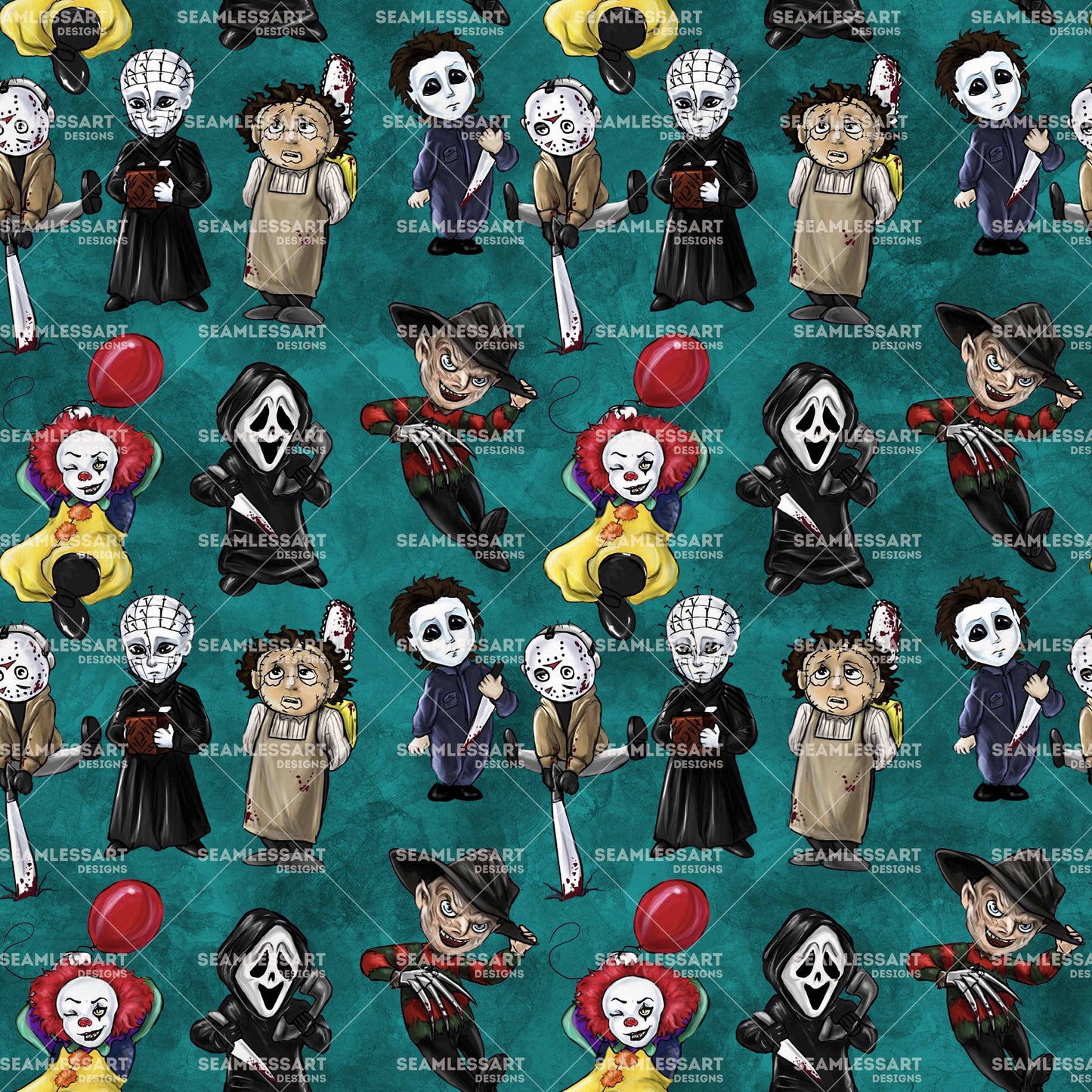 Spooky Horror Icons Seamless Pattern – Classic Slasher & Halloween Characters Digital Paper for Fabric, Wallpaper & Print Design