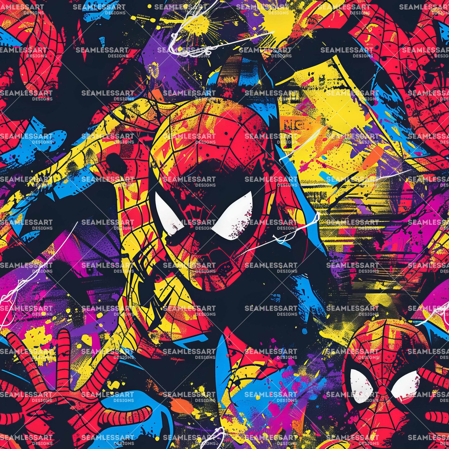 Spider-Man Graffiti Seamless Pattern – Dark Urban Comic Digital Paper for Kids Fabric & Decor