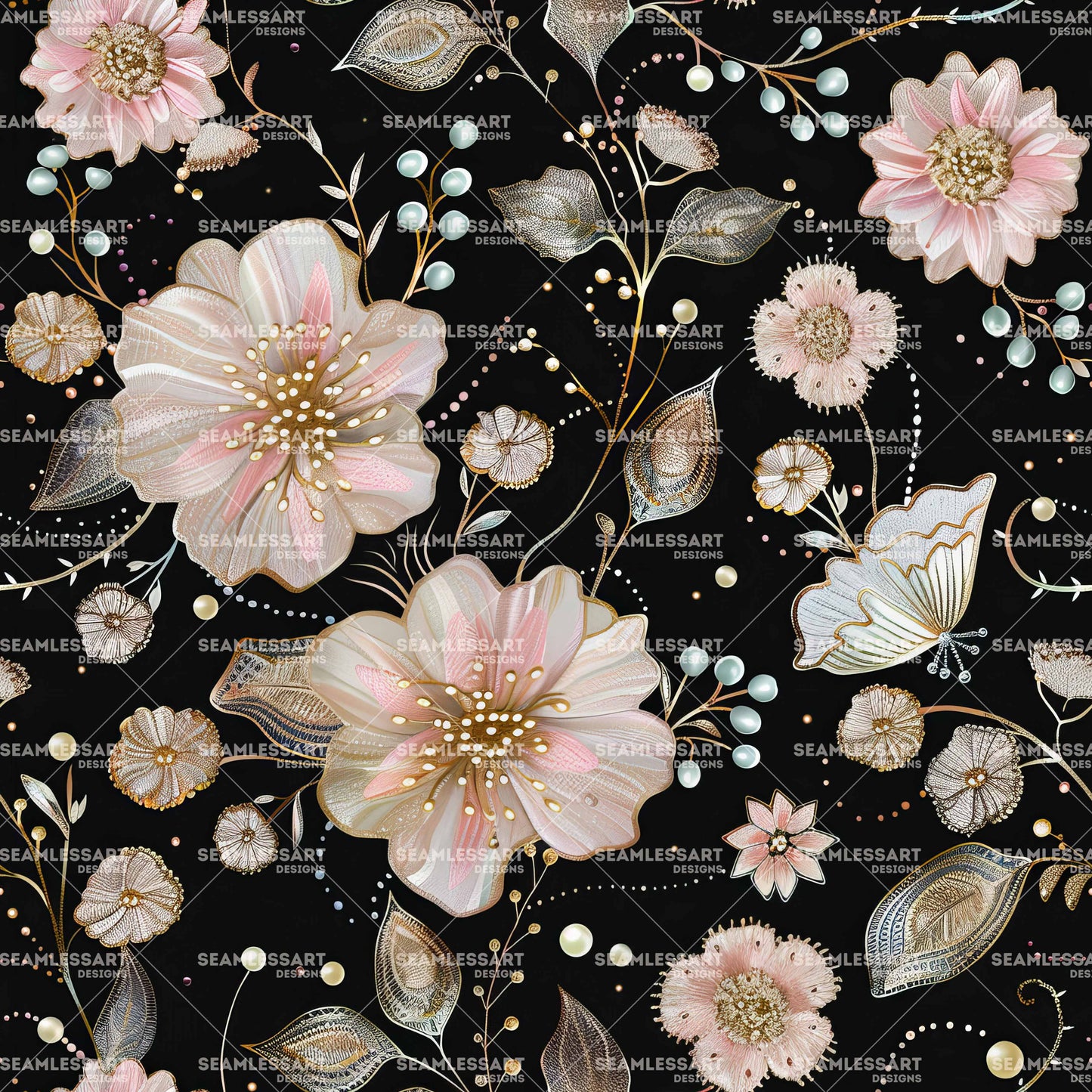 Gold Embroidery Floral Seamless Pattern – Pink Flower & Butterfly Digital Paper for Decor