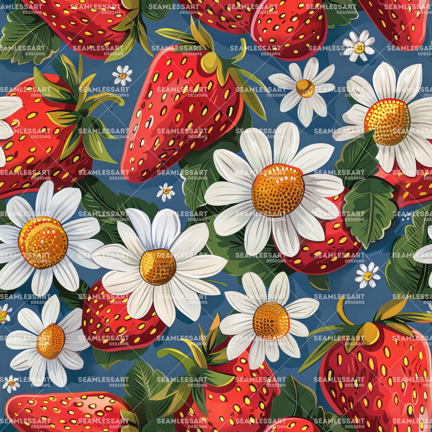 Strawberry & Daisy Seamless Pattern – Red Fruit on Blue Digital Paper for Kitchen Decor