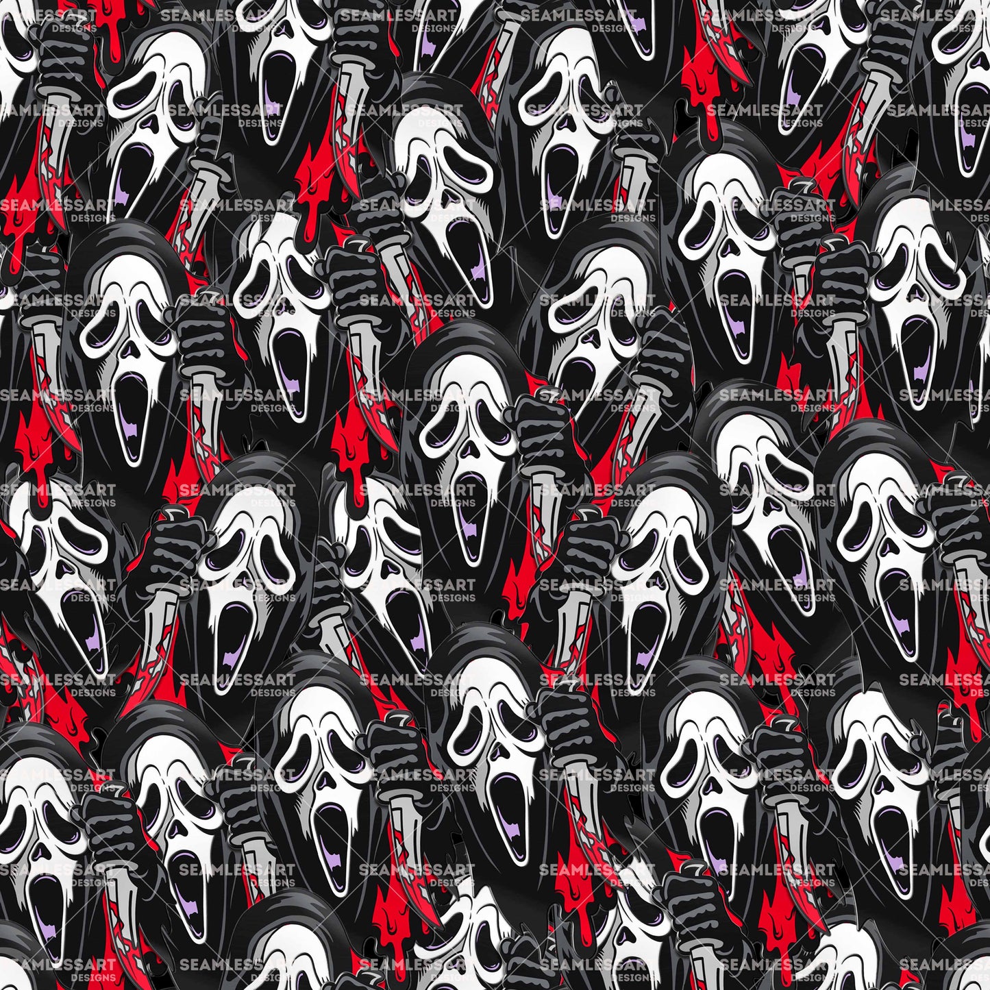 Scream Halloween Seamless Pattern – Bloody Knife & Ghostface Digital Paper for Horror Decor