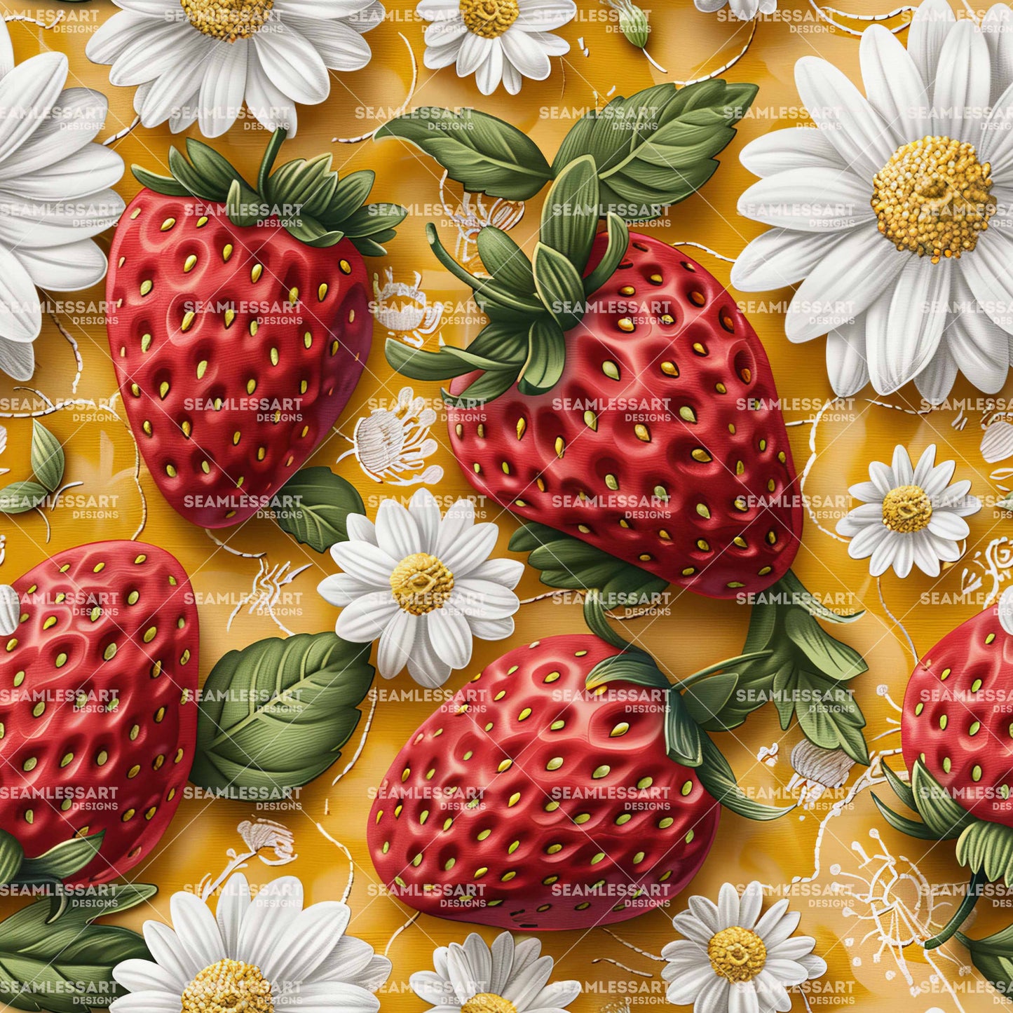 Strawberry & Daisy Seamless Pattern – Red Fruit on Yellow Canvas Digital Paper for Kitchen