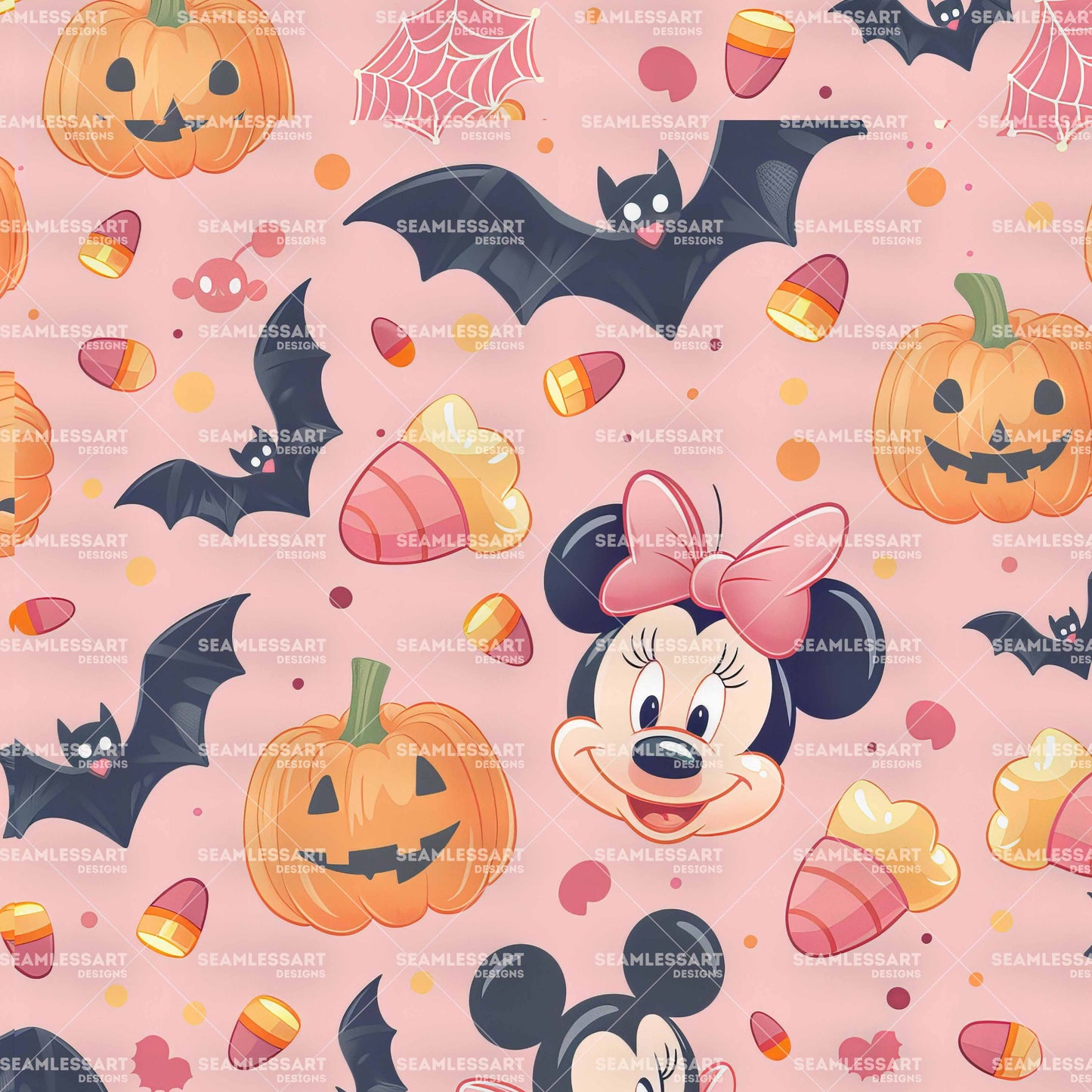 Minnie Halloween Seamless Pattern – Pink Pumpkin & Bat Digital Paper for Kids Fabric & Decor