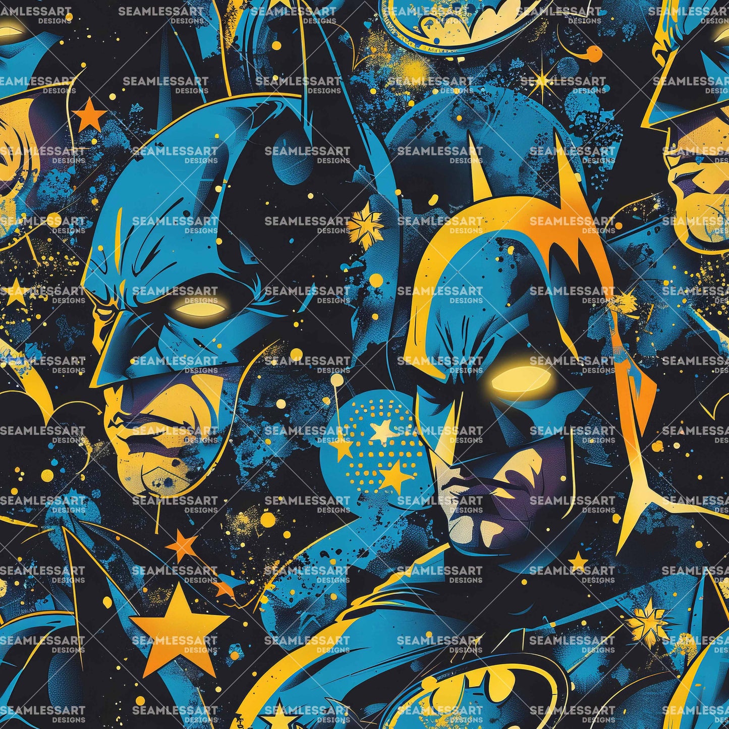 Batman Graffiti Seamless Pattern – Blue & Yellow Star Digital Paper for Kids Fabric & Decor