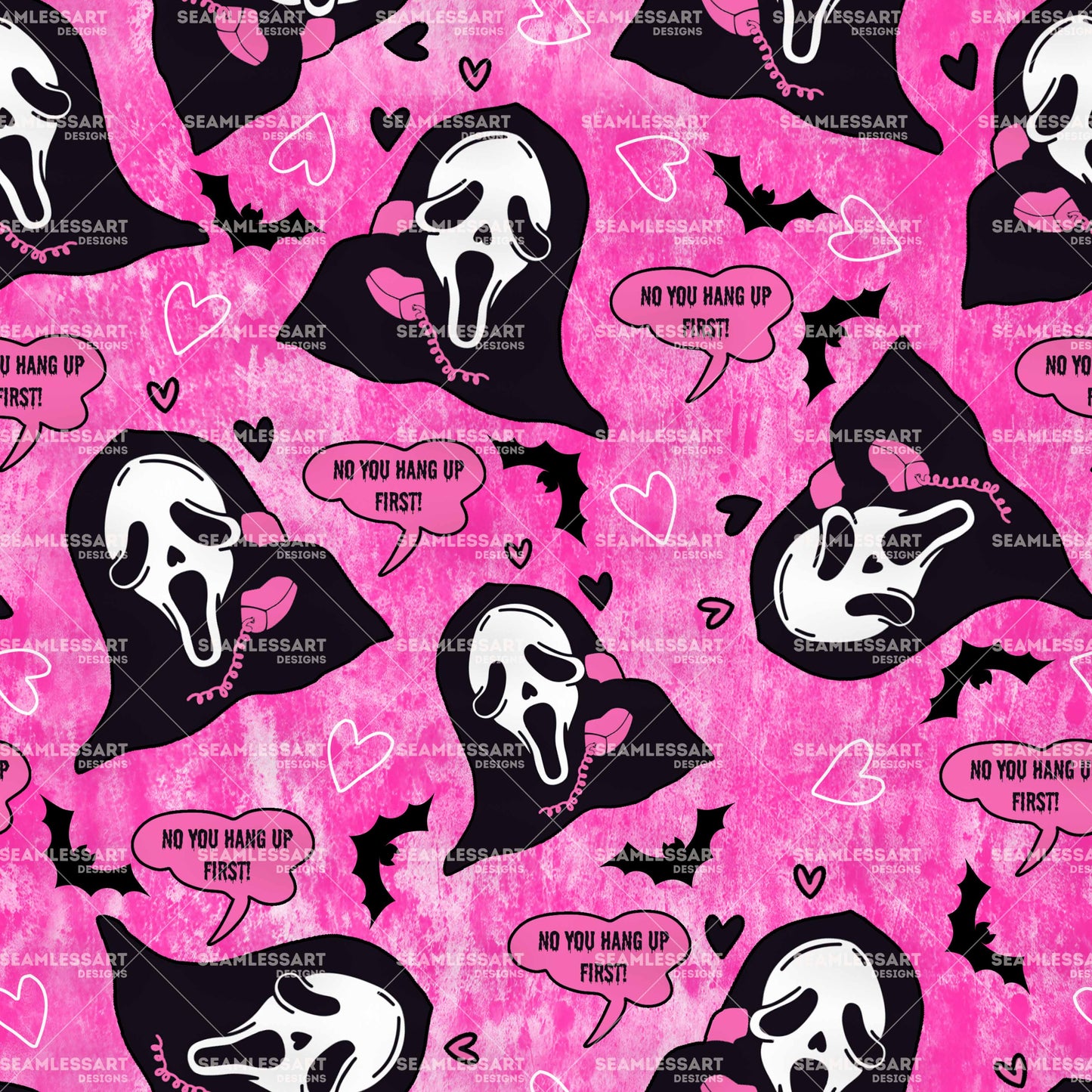 Pink Scream Retro Seamless Pattern – "No You Hang Up First" Hearts Digital Paper for Slasher Fans