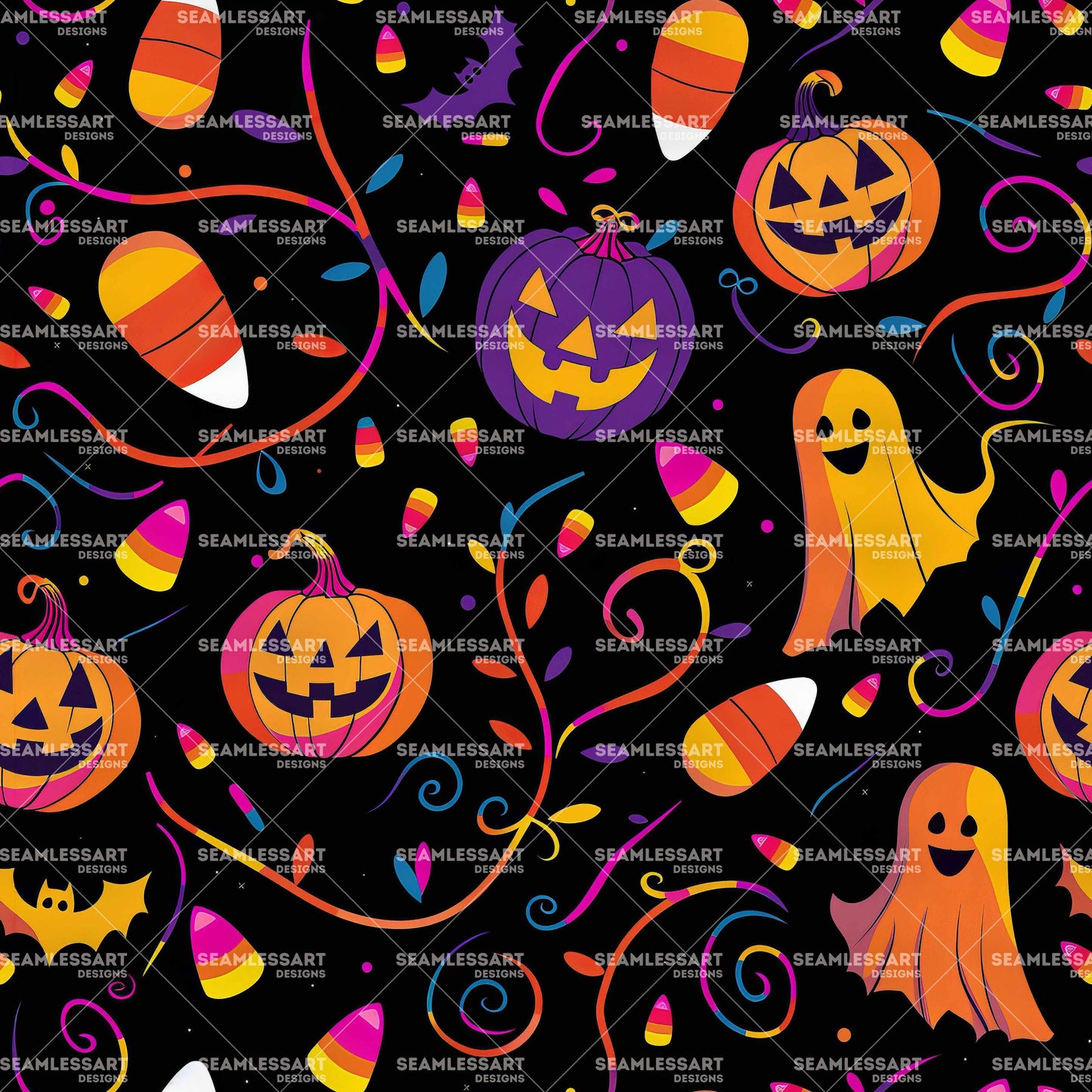 Pink Halloween Seamless Pattern – Neon Ghost & Pumpkin Digital Paper for Kids Fabric & Decor