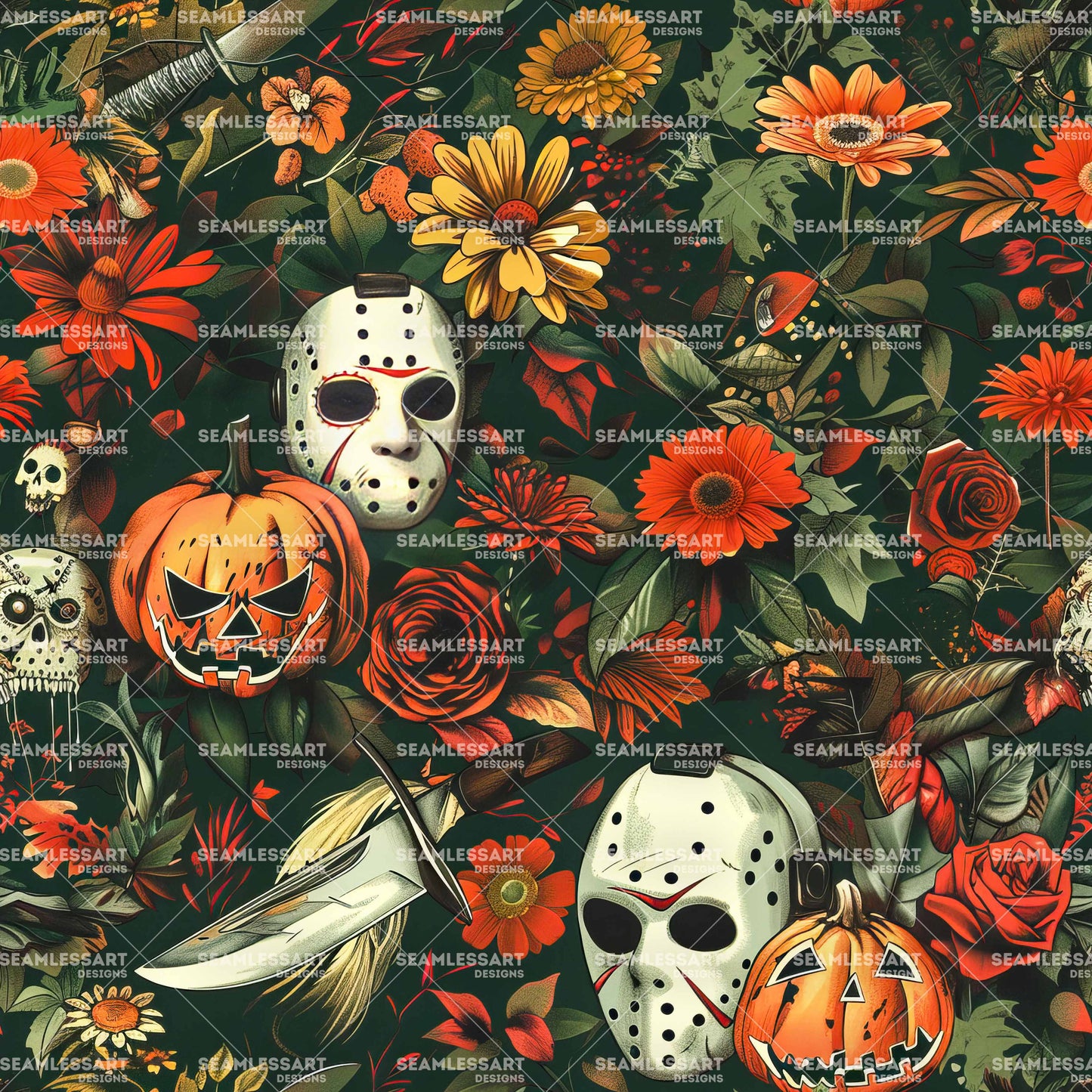 Halloween Horror Seamless Pattern – Jason Mask & Pumpkin Digital Paper for Gothic Decor