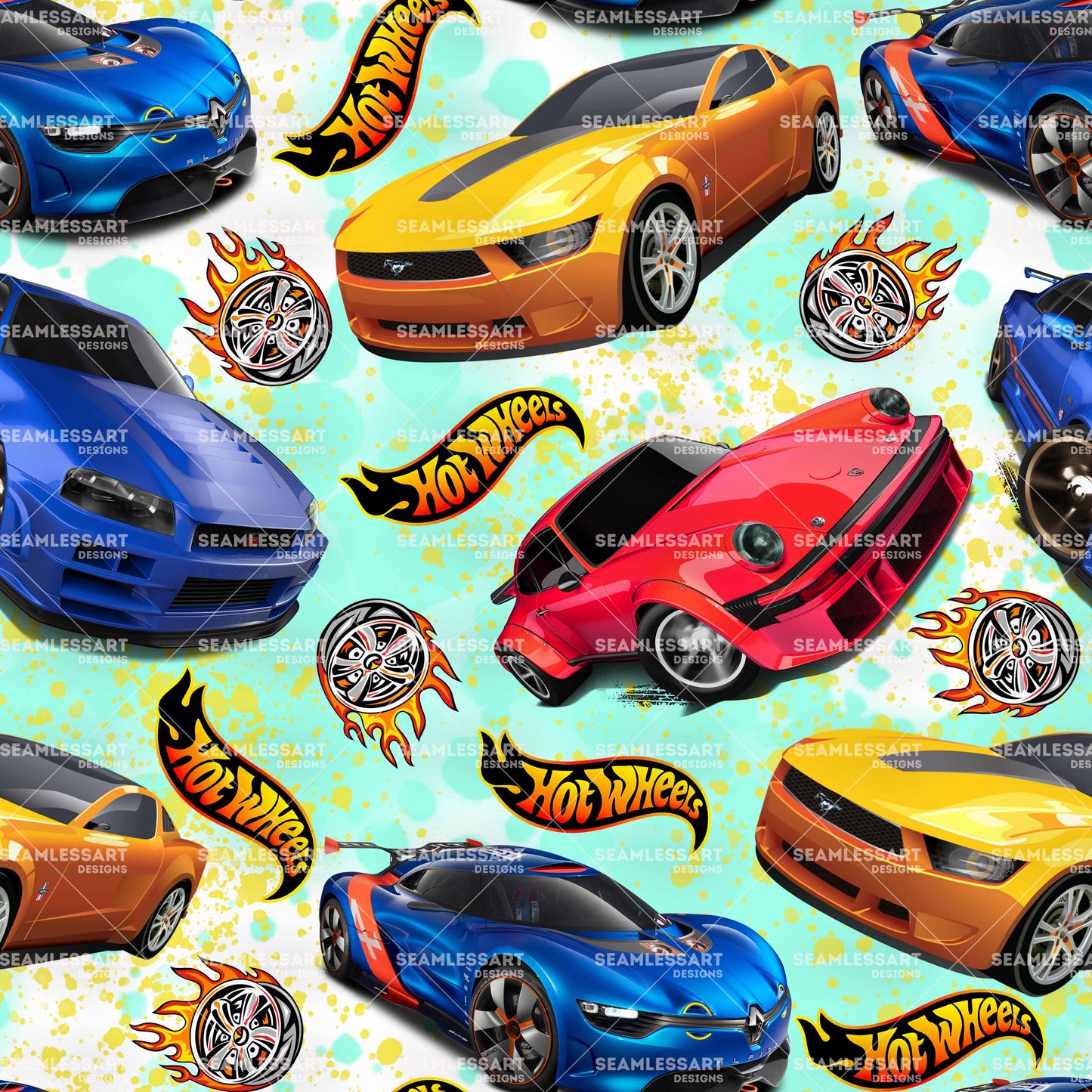 Hot Wheels Supercars Seamless Pattern – Colorful Racing Cars Digital Paper for Sublimation, Merch & Craft Projects