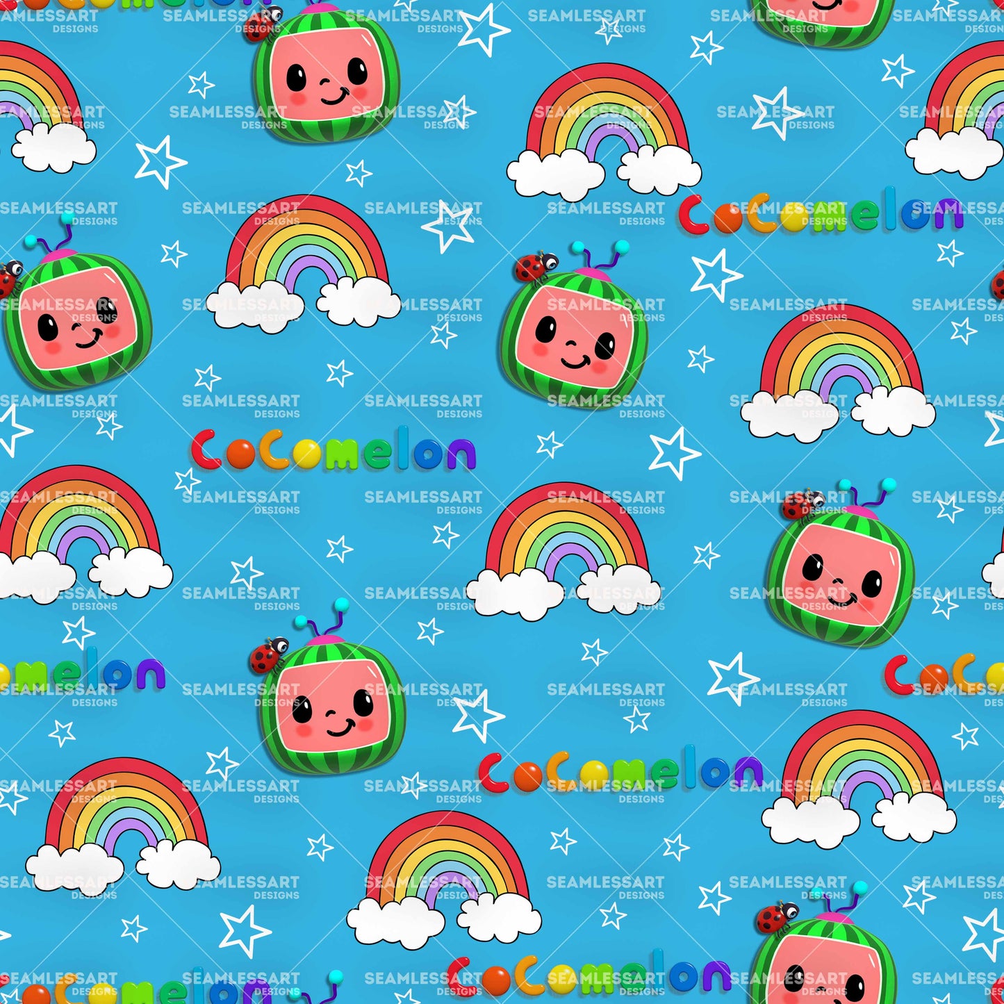 CoComelon Rainbow Seamless Pattern – Kids Cartoon Sky Theme Digital Paper for Bedding, Nursery Decor & Creative DIY Projects