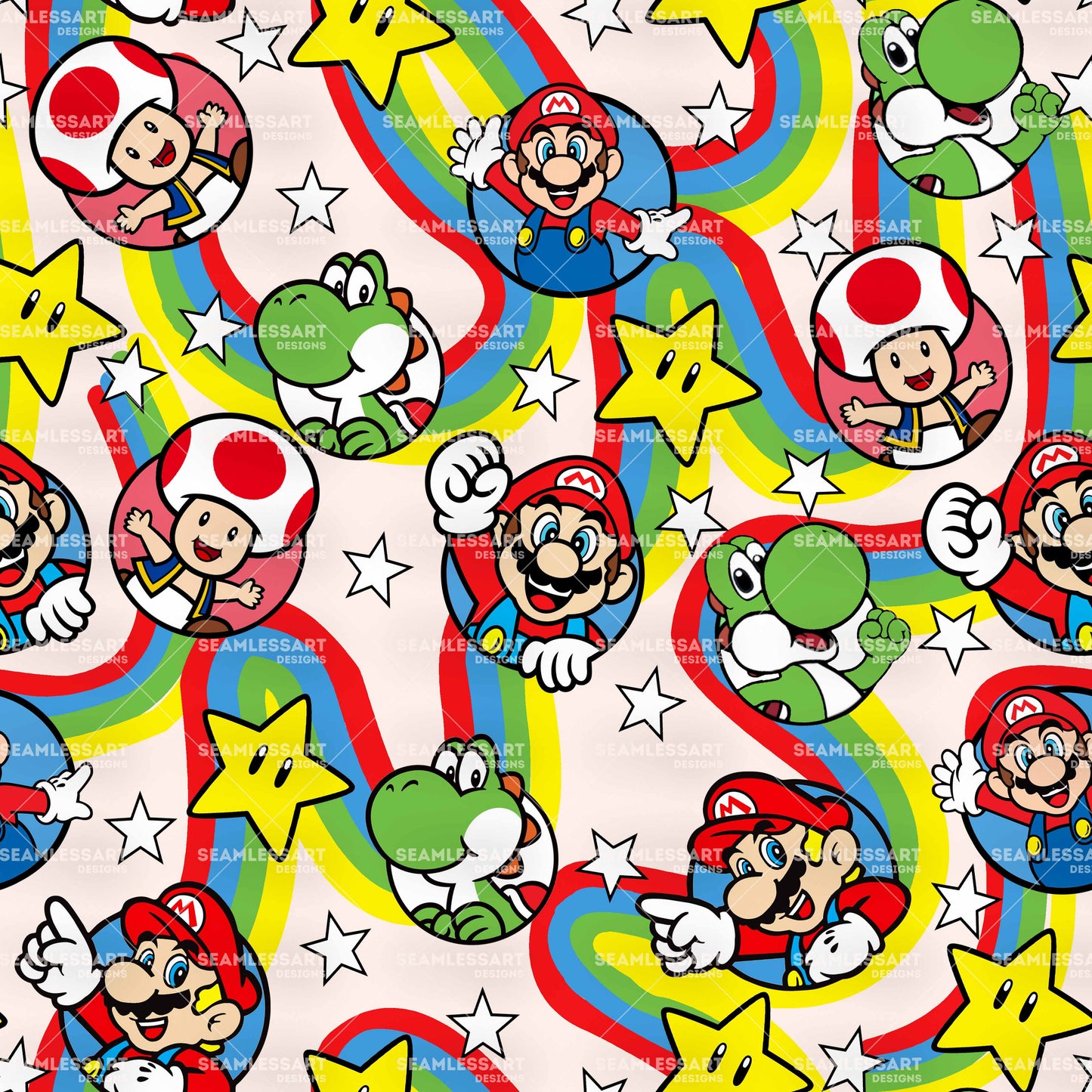 Super Mario & Friends Seamless Pattern – Mario, Yoshi & Toad Cartoon Digital Paper for Kids Clothing, Room Decor & Craft Printing