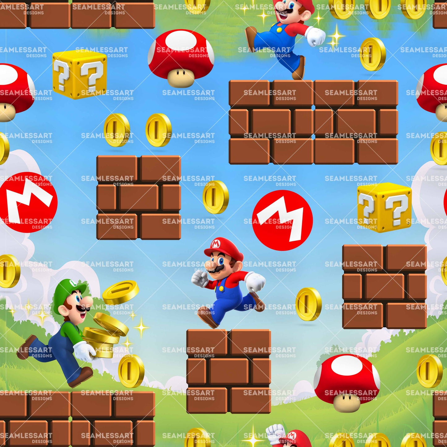 Super Mario Game Level Seamless Pattern – Mario & Luigi Adventure Digital Paper for Gaming Party Decor, Kids Crafts & Print Designs