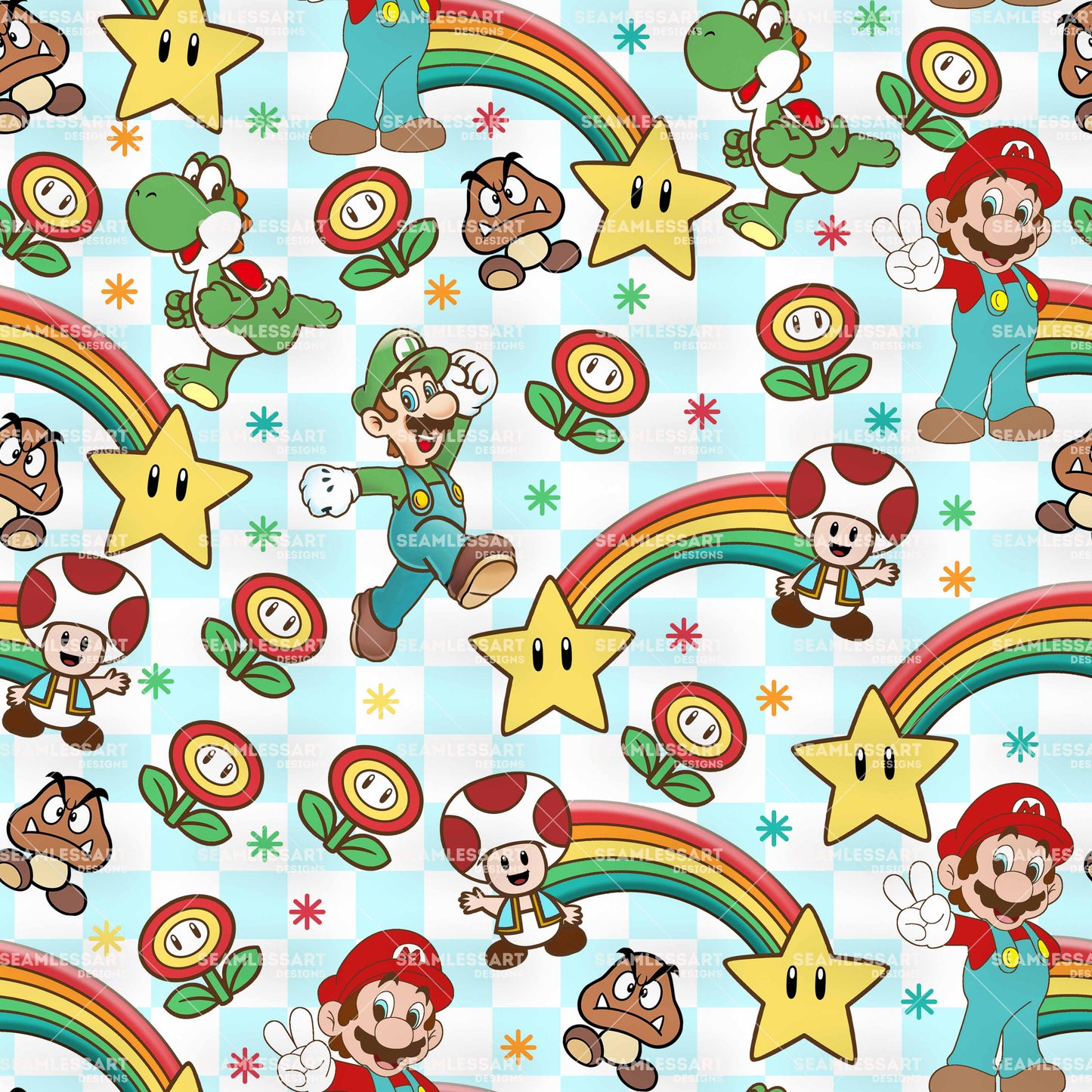 Super Mario & Friends Seamless Pattern – Retro Nintendo Game Digital Paper for Kids Fabric, Party Decor & Craft Printing Projects