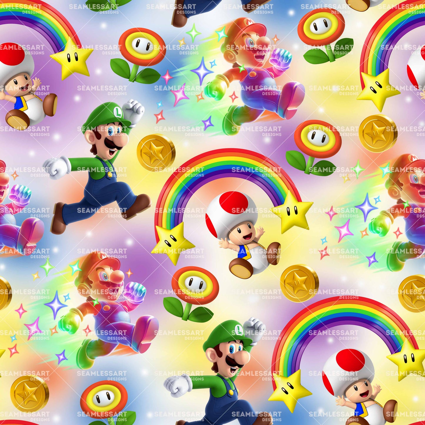 Super Mario Rainbow Power-Up Seamless Pattern – Colorful Nintendo Game Digital Paper for Kids Fabric, Party Prints & DIY Crafts
