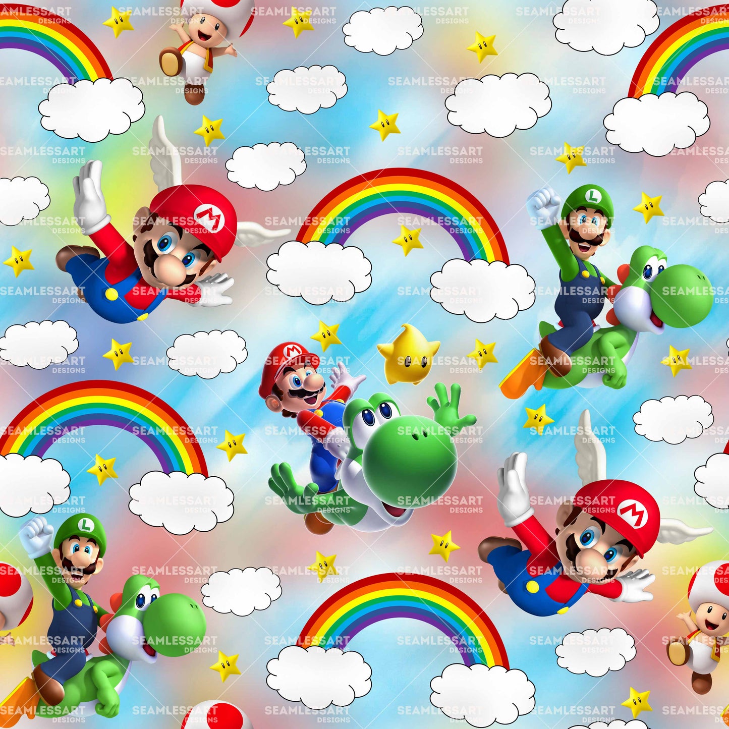Mario & Yoshi Flying Adventure Seamless Pattern – Rainbow Game Digital Paper for Kids Fabric, Party Decor & Craft Printing