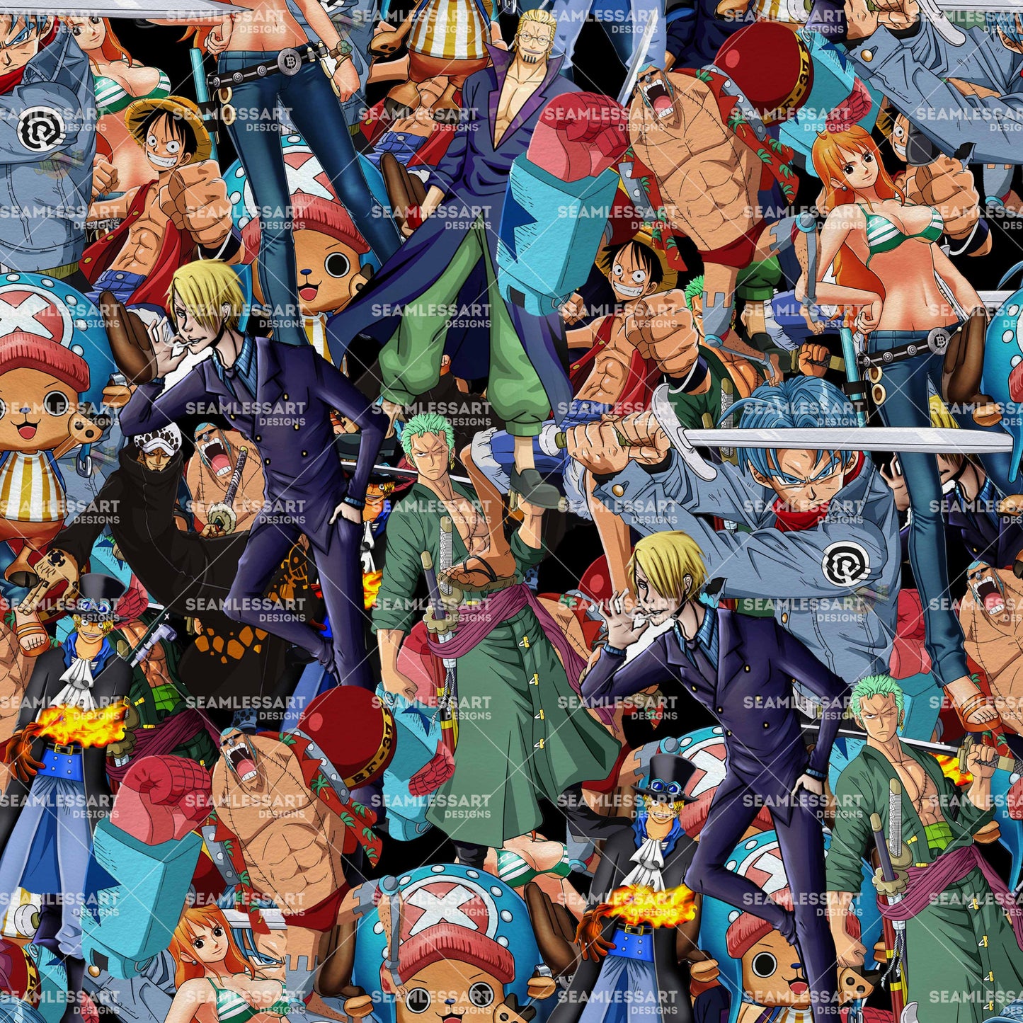 Pirate Crew Anime Seamless Pattern – Adventure Manga Digital Paper for Fabric, Apparel, Posters & Print Crafts