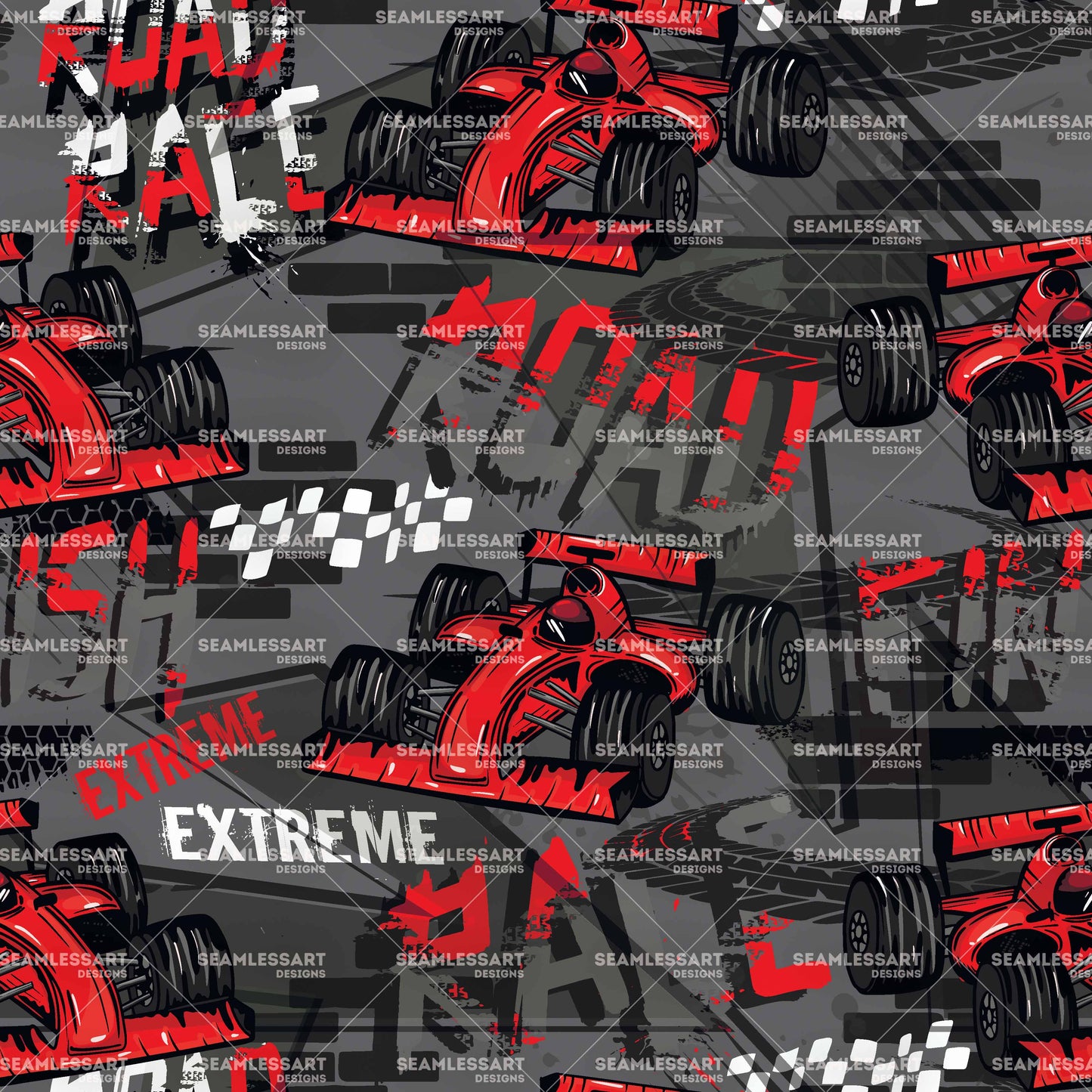 Extreme Red Formula Race Car Seamless Pattern – Grunge Racing Typography & Checkered Flag Digital Paper for Boys Fabric, Wallpaper, Gift Wrap & Motorsport Projects