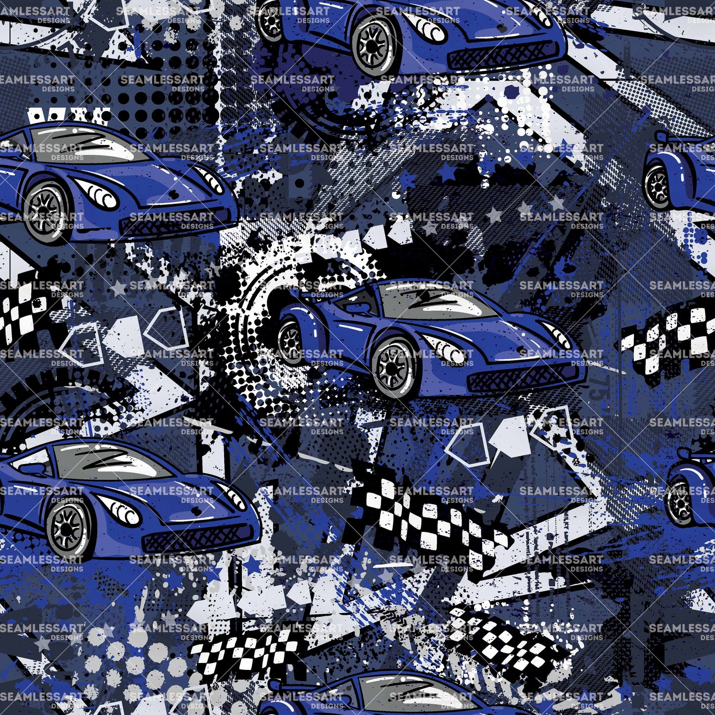 Blue Sports Car Grunge Seamless Pattern – Racing Checkered Flag & Urban Splash Digital Paper for Boys Fabric, Wallpaper, Gift Wrap & Automotive-Themed Designs