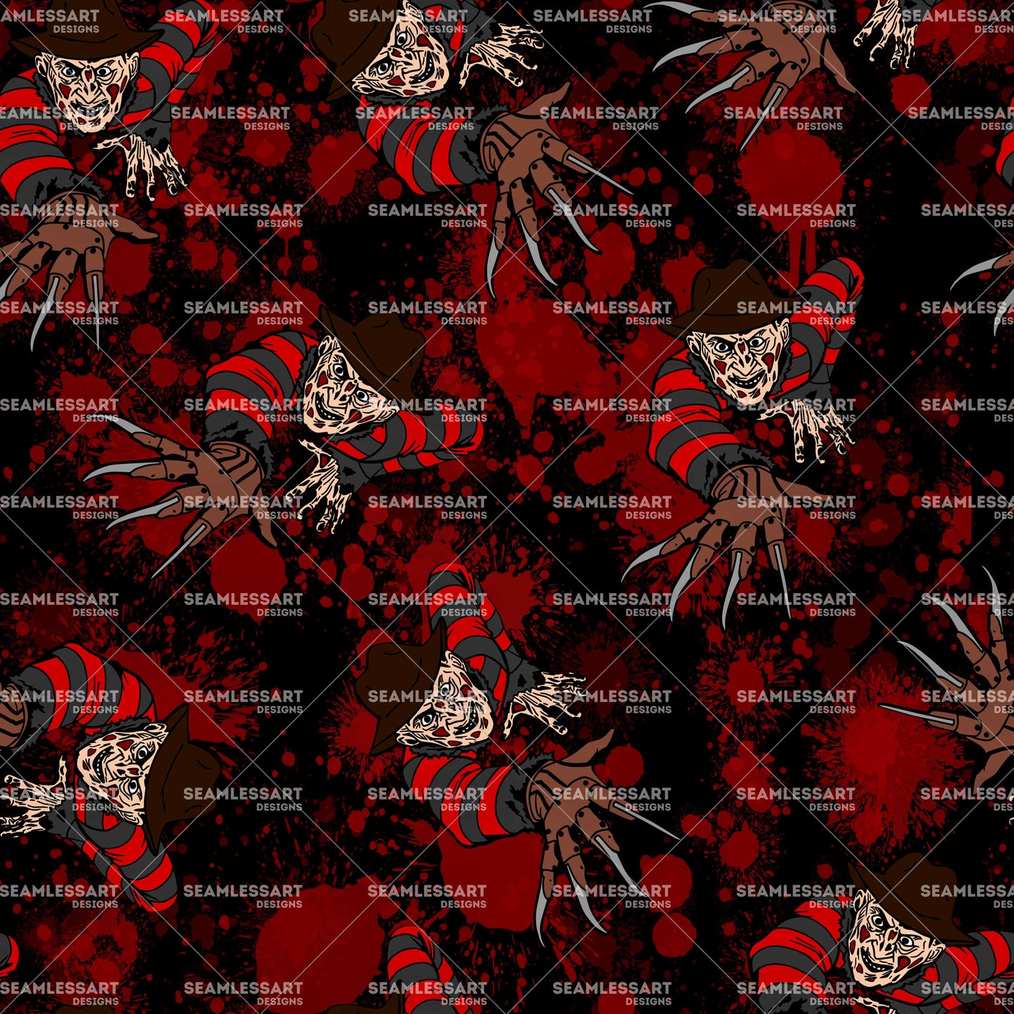 Nightmare Slasher Seamless Pattern – Bloody Comic Style Digital Paper for Halloween Fabric