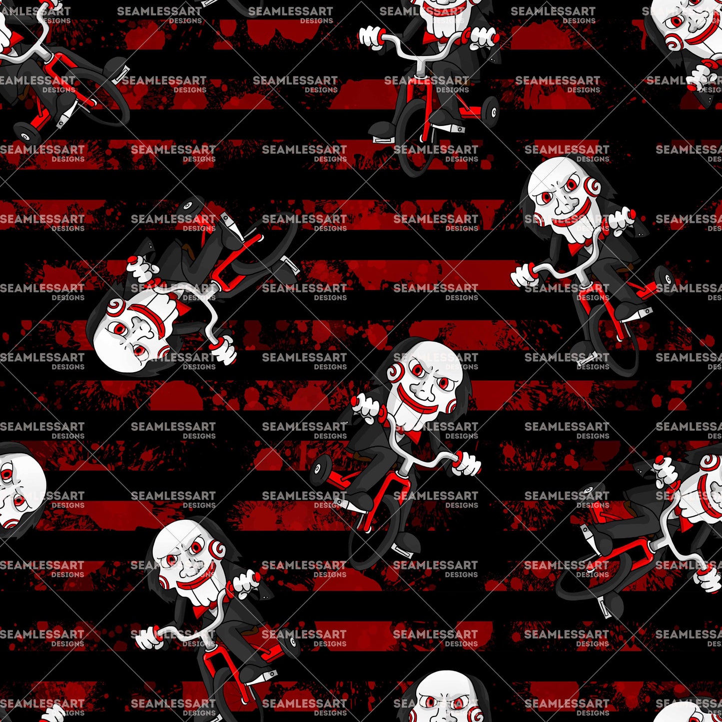 Creepy Puppet Tricycle Seamless Pattern – Red Horror Digital Paper for Halloween Decor