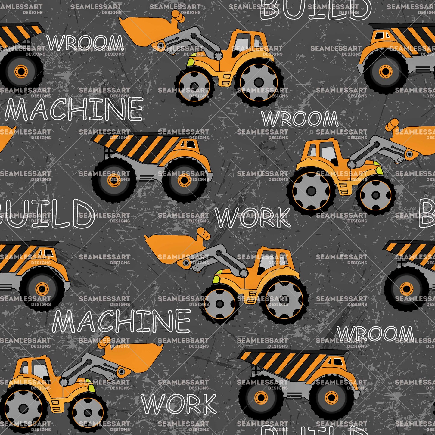 Construction Truck Seamless Pattern – Dark Grunge Digital Paper for Boys Fabric & Decor