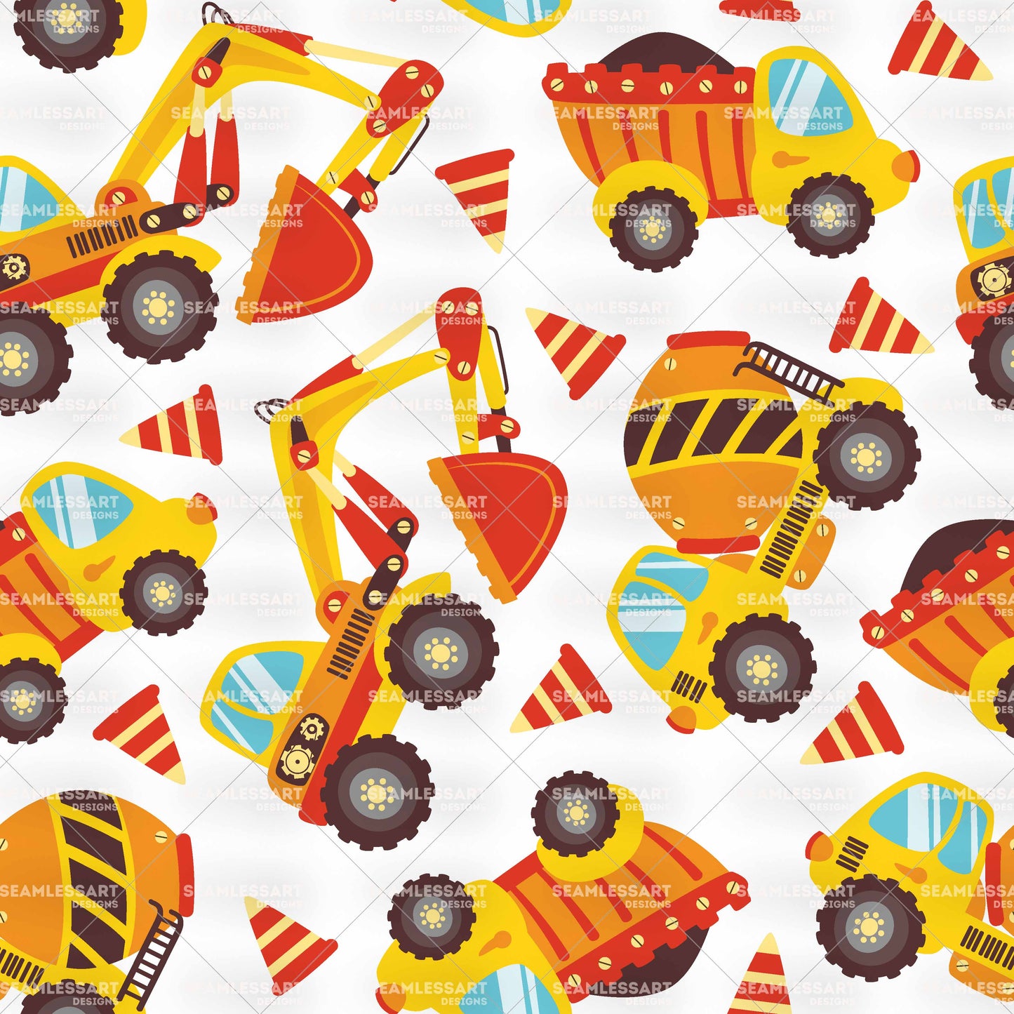 Yellow Excavator Seamless Pattern – Cute Cartoon Digital Paper for Boys Nursery Fabric
