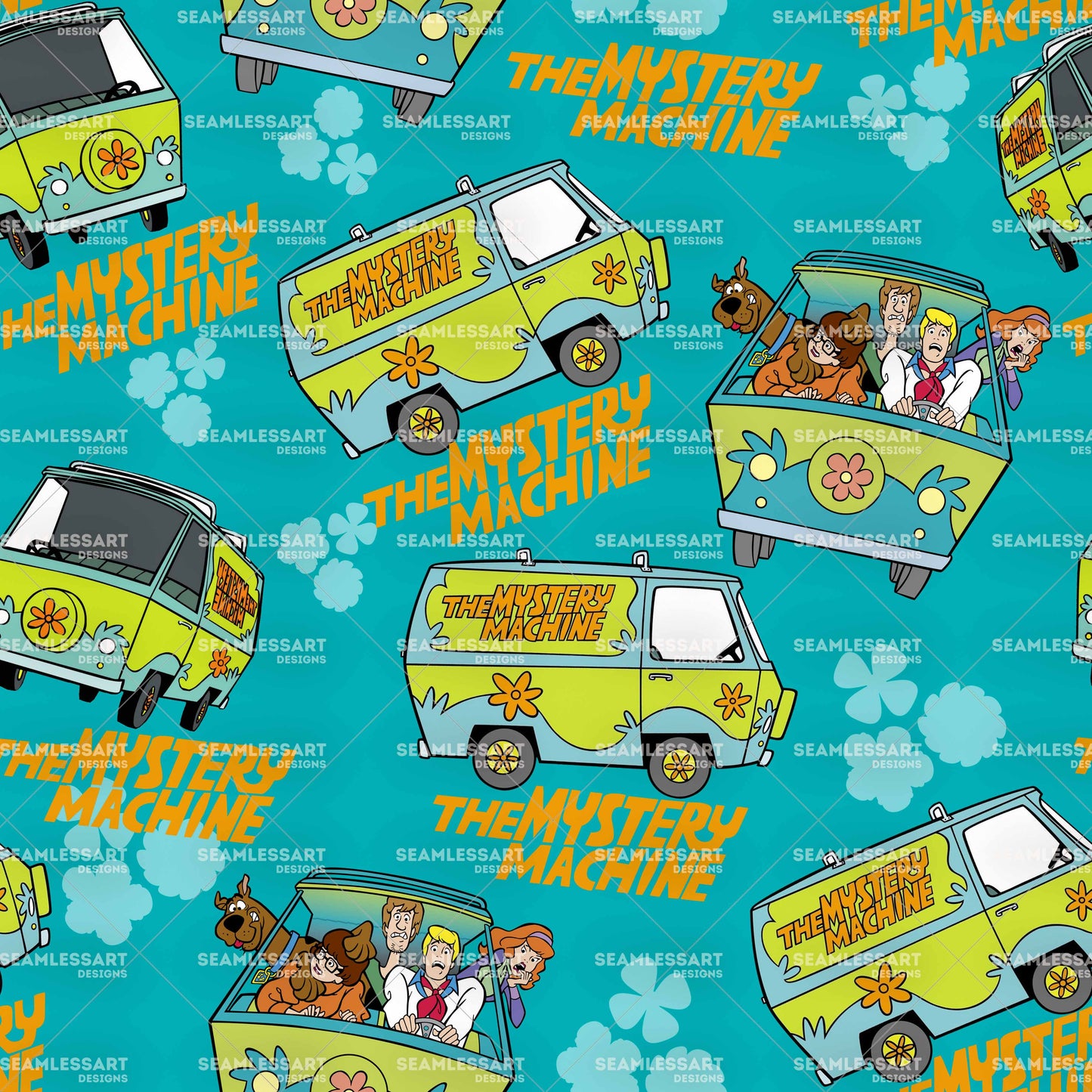 Retro Mystery Van Seamless Pattern – Blue Cartoon Digital Paper for Kids Fabric & Decor