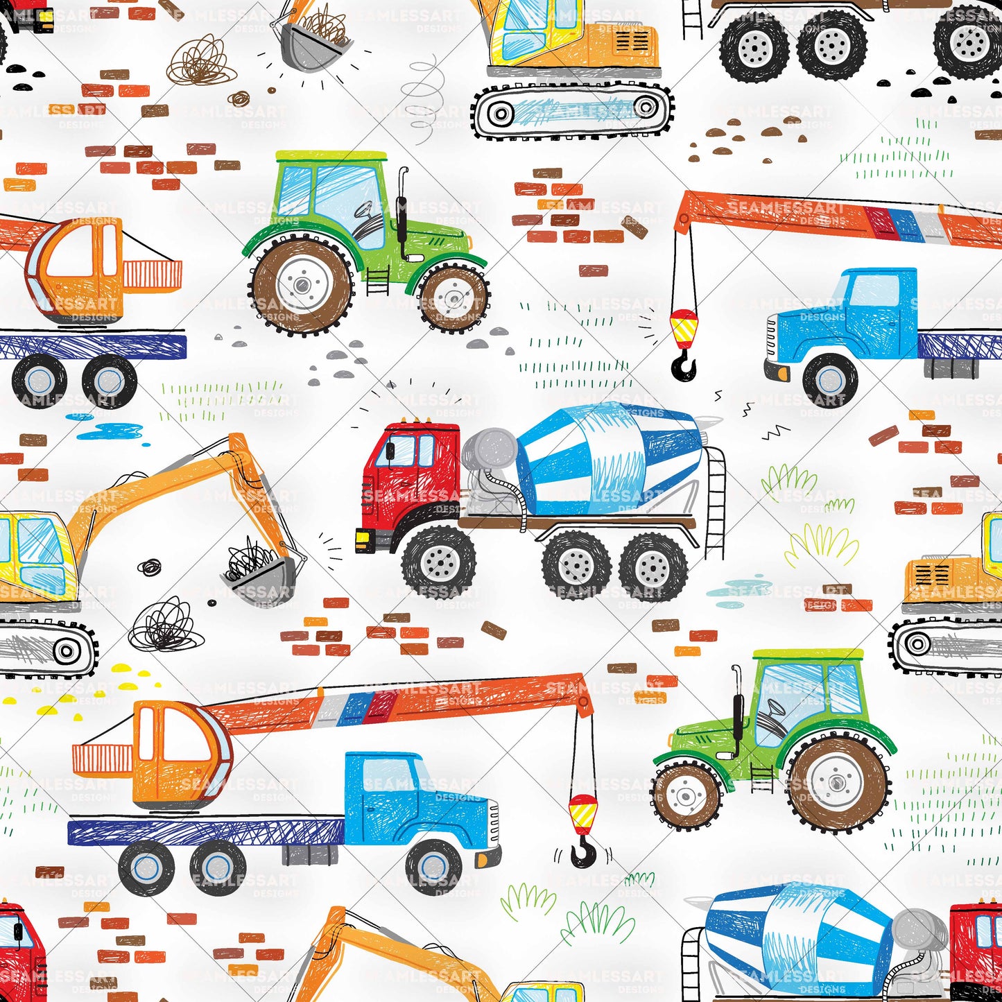 Crayon Construction Seamless Pattern – Kids Drawing Digital Paper for Boys Fabric