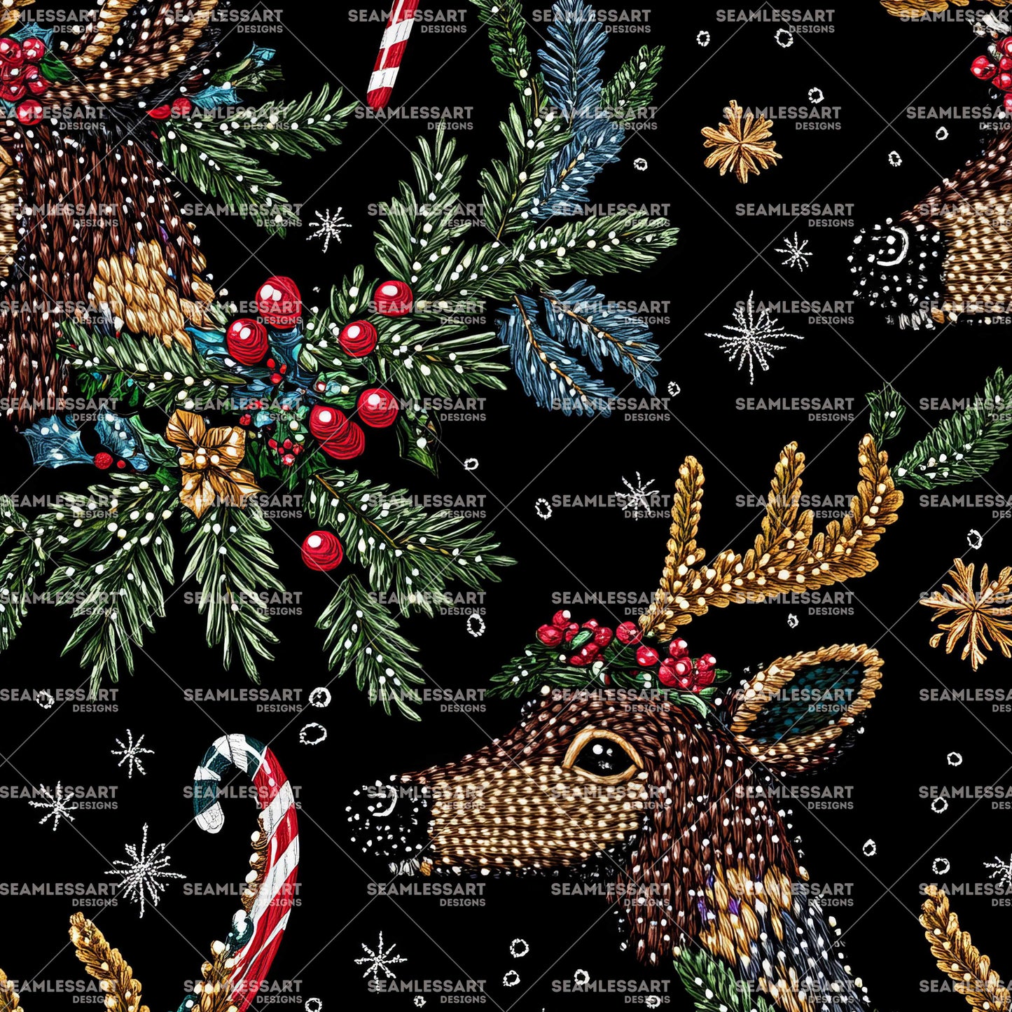 Christmas Reindeer Seamless Pattern – Festive Holiday Digital Paper for Fabric, Gift Wrap & Winter Craft Prints