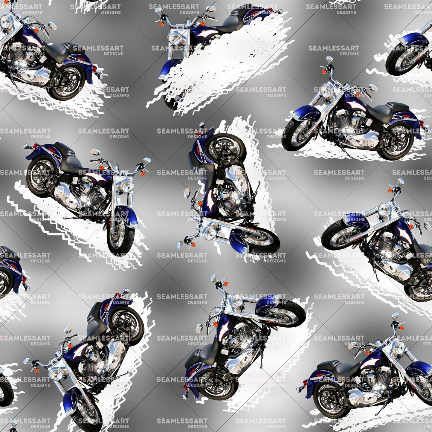 Realistic Motorcycle Seamless Pattern – Blue Tire Tracks Digital Paper for Biker Fabric