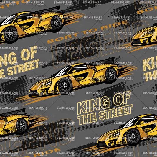 Yellow Sports Car Seamless Pattern – King of the Street Digital Paper for Boys Fabric