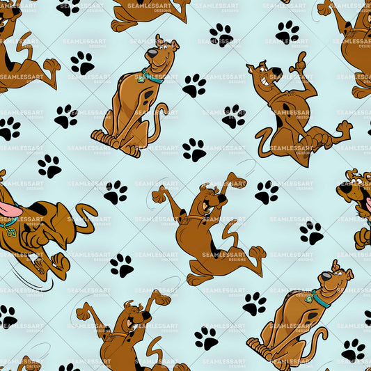 Scooby Paw Print Seamless Pattern – Blue Cartoon Dog Digital Paper for Kids Fabric