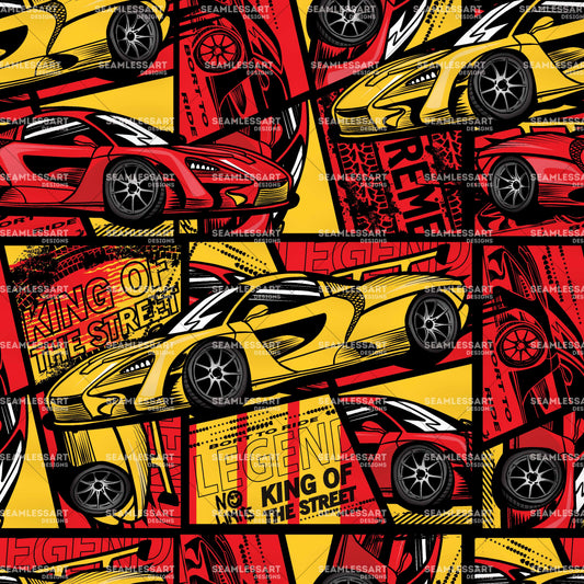 Comic Sports Car Seamless Pattern – Red & Yellow Racing Digital Paper for Boys Fabric