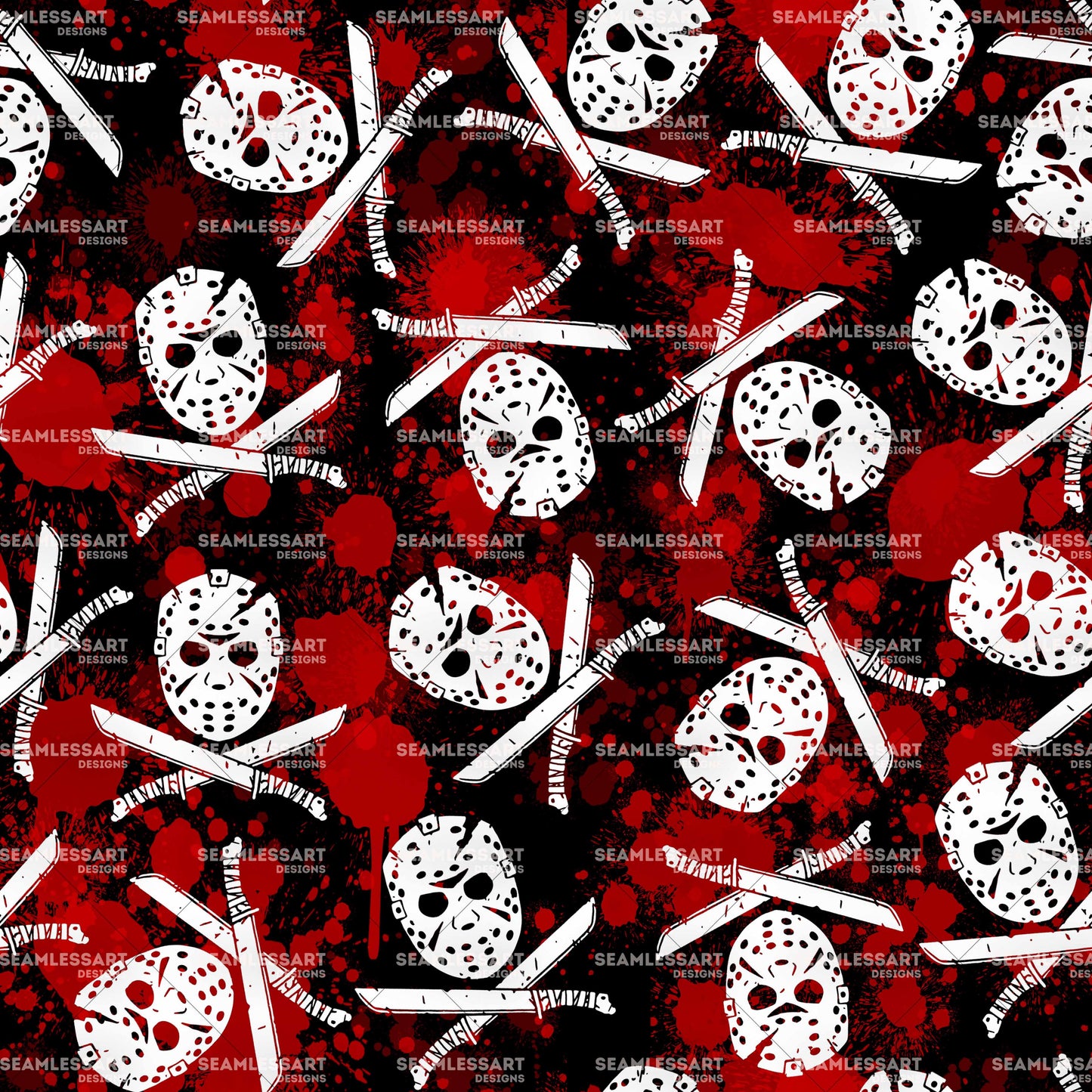 Hockey Mask Slasher Seamless Pattern – Bloody Horror Digital Paper for Halloween Fabric