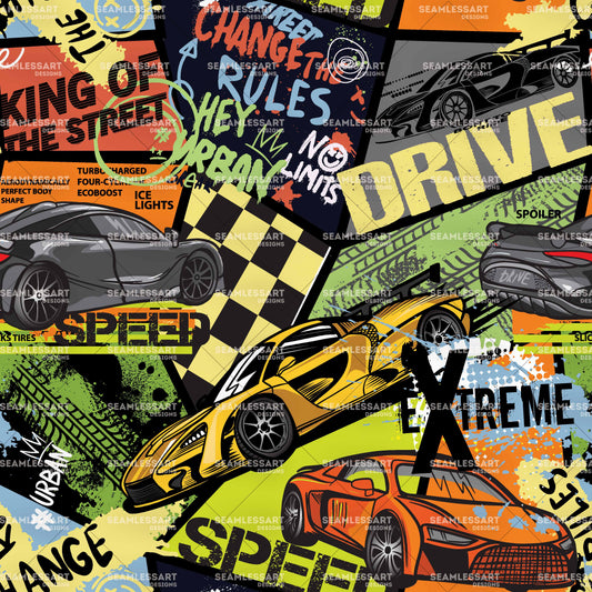 Graffiti Sports Car Seamless Pattern – Colorful Urban Grunge Digital Paper for Boys Fabric