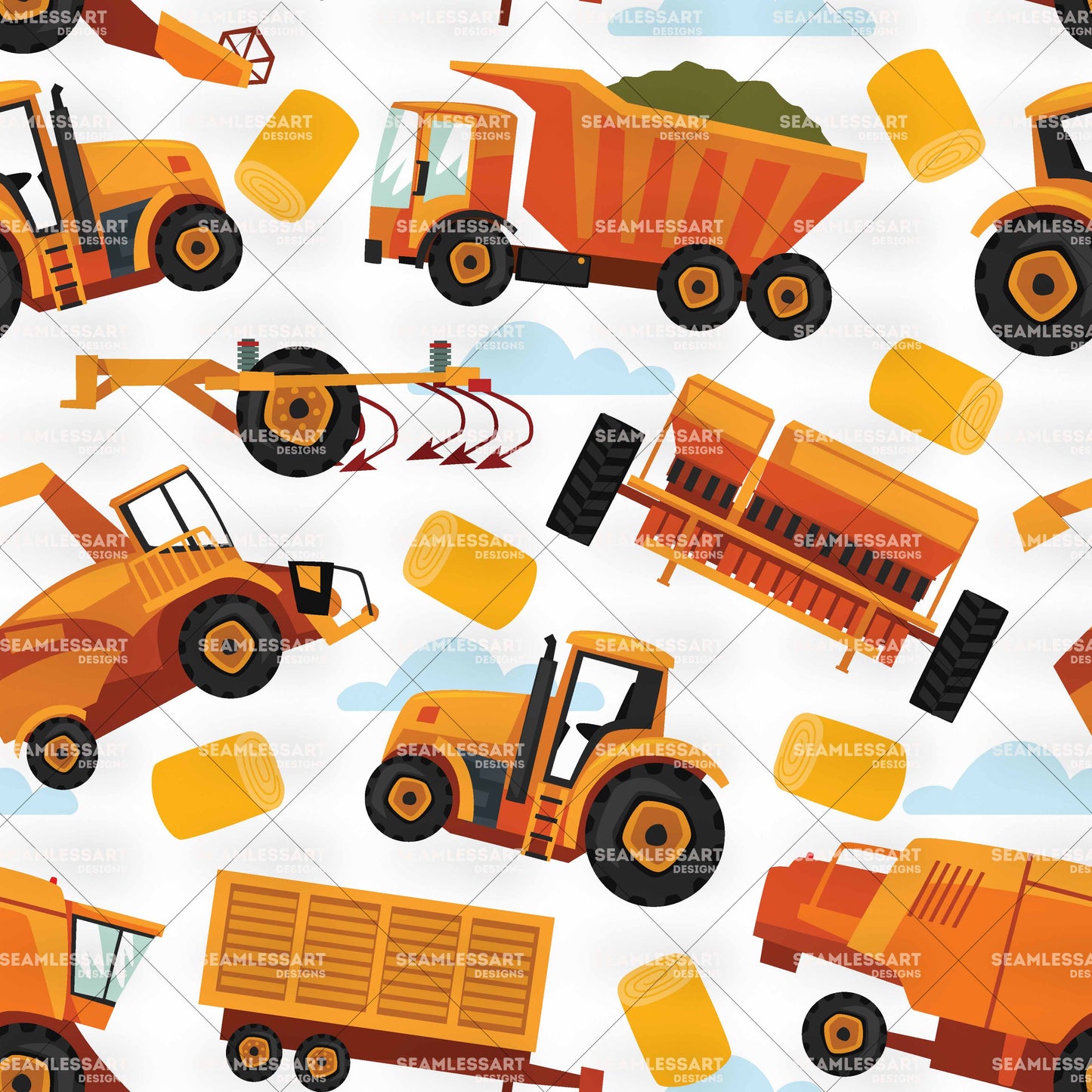 Orange Farm Machinery Seamless Pattern – Agriculture Digital Paper for Boys Fabric