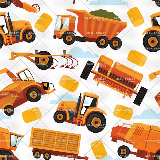 Orange Farm Machinery Seamless Pattern – Agriculture Digital Paper for Boys Fabric