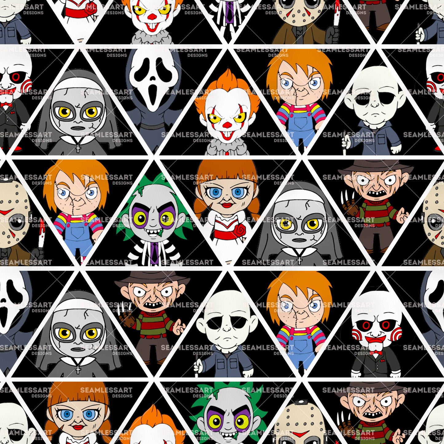 Horror Characters Seamless Pattern – Spooky Cartoon Halloween Digital Paper for Fabric, Wallpaper & Print Design