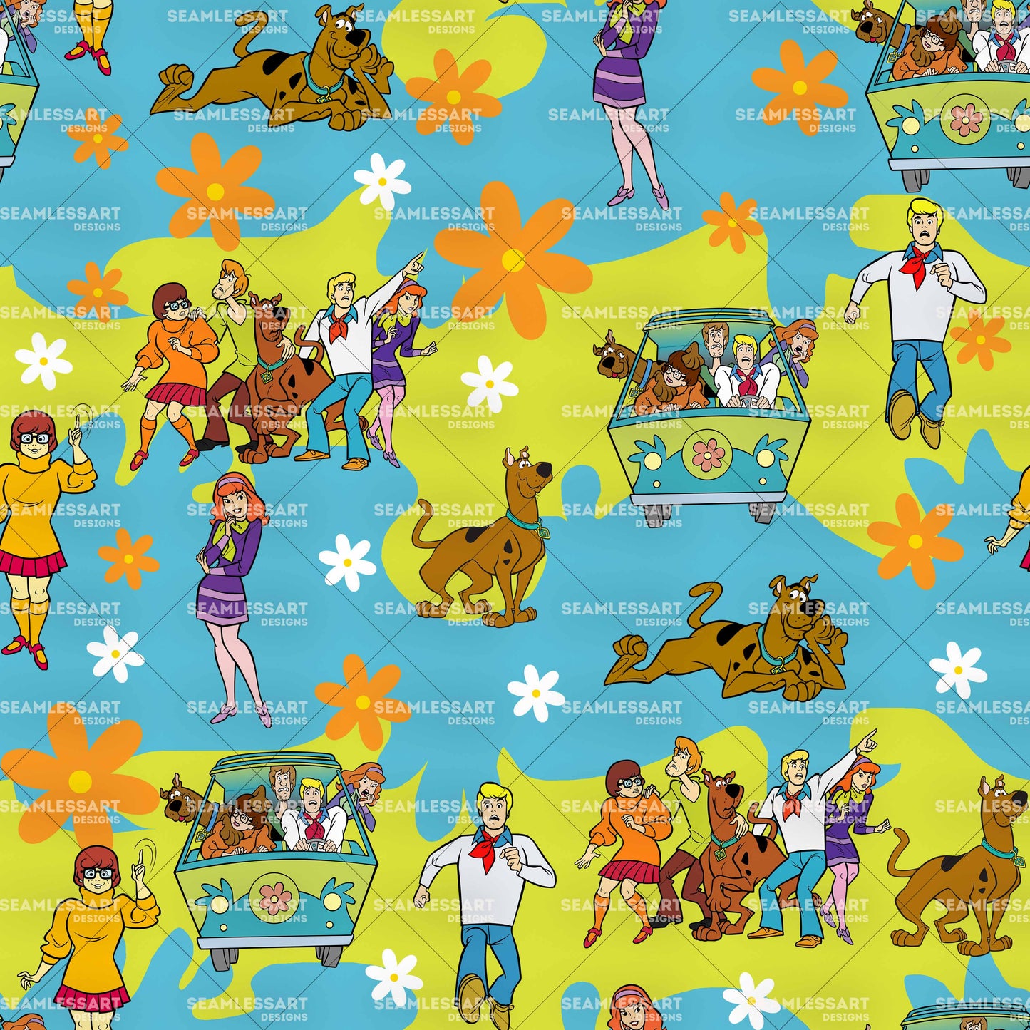 Scooby Retro Gang Seamless Pattern – Blue Flower Power Digital Paper for Kids Fabric