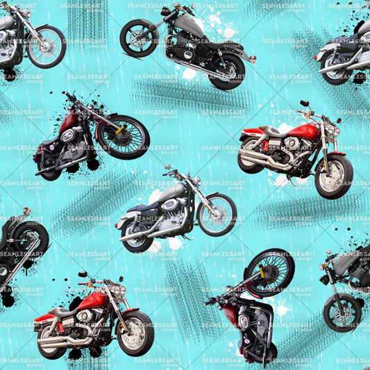 Realistic Motorcycle Seamless Pattern – Teal Grunge Splash Digital Paper for Biker Fabric