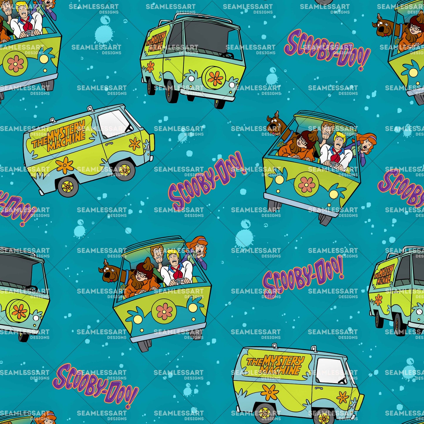 Scooby Mystery Seamless Pattern – Blue Splatter Digital Paper for Kids Fabric & Decor