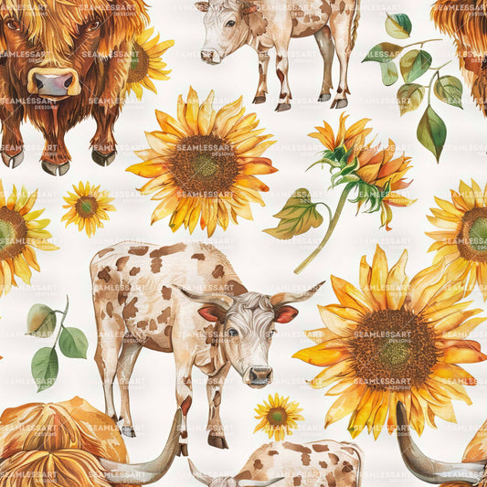 Watercolor Cow Seamless Pattern – Highland Cow & Sunflowers Digital Paper for Farmhouse Decor