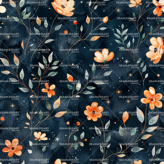 Watercolor Floral Seamless Pattern – Midnight Blue & Orange Flower Digital Paper for Decor