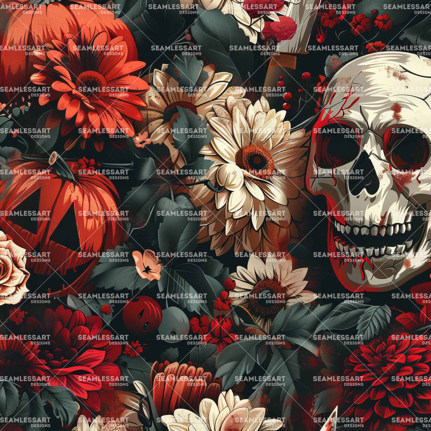 Halloween Skull Seamless Pattern – Gothic Pumpkin & Red Floral Digital Paper for Horror Decor