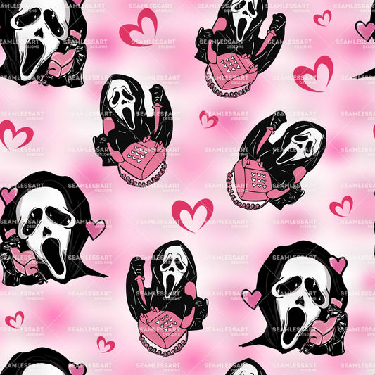 Pink Scream Hearts Seamless Pattern – Horror Movie Digital Paper for Slasher Fans Fabric